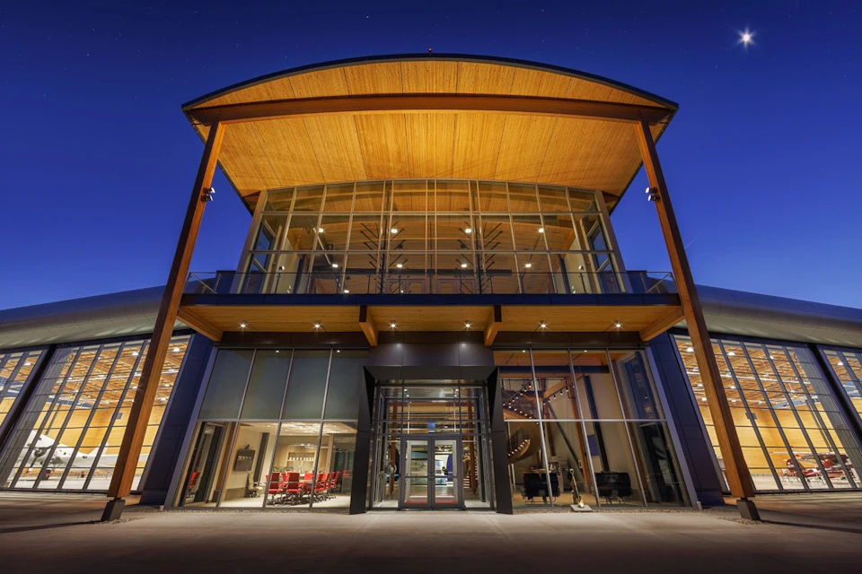 Illuminated entrance to KF Aerospace Centre for Excellence