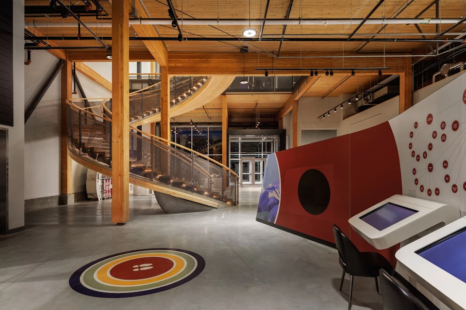 Aircraft exhibit beneath exposed timber at KF Aerospace Centre
