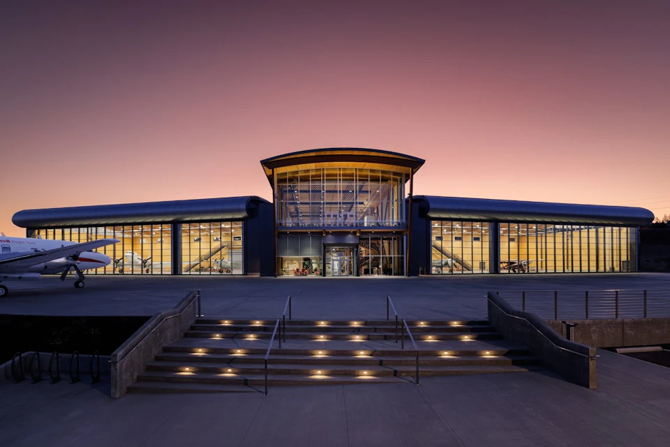 Illuminated entrance to KF Aerospace Centre for Excellence