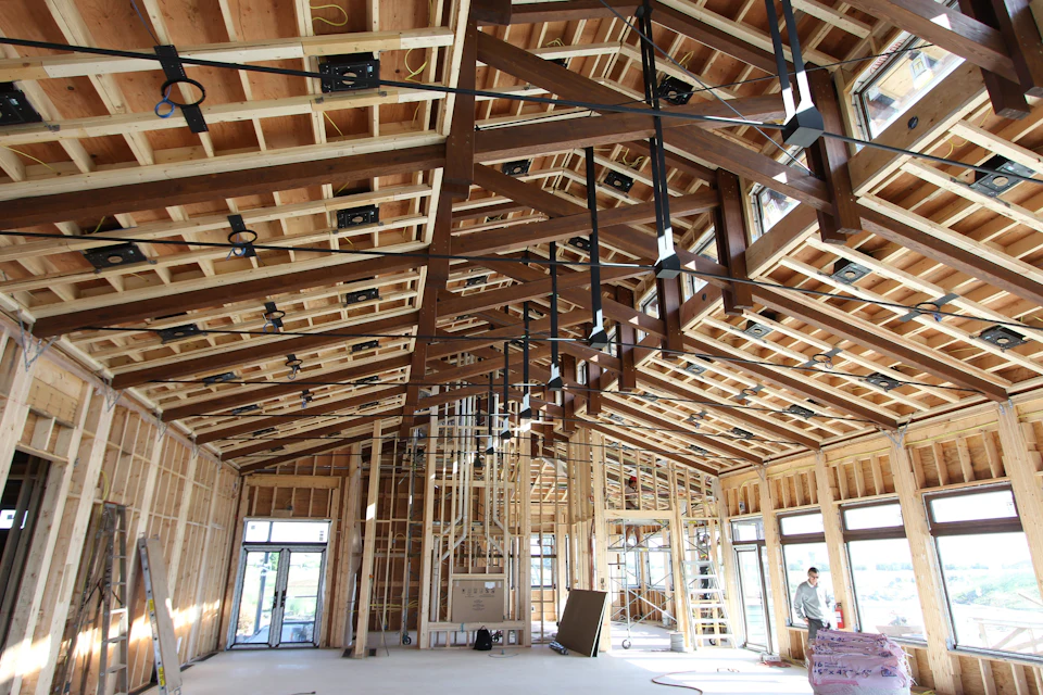 Interior timber frame under construction at King's Links Clubhouse