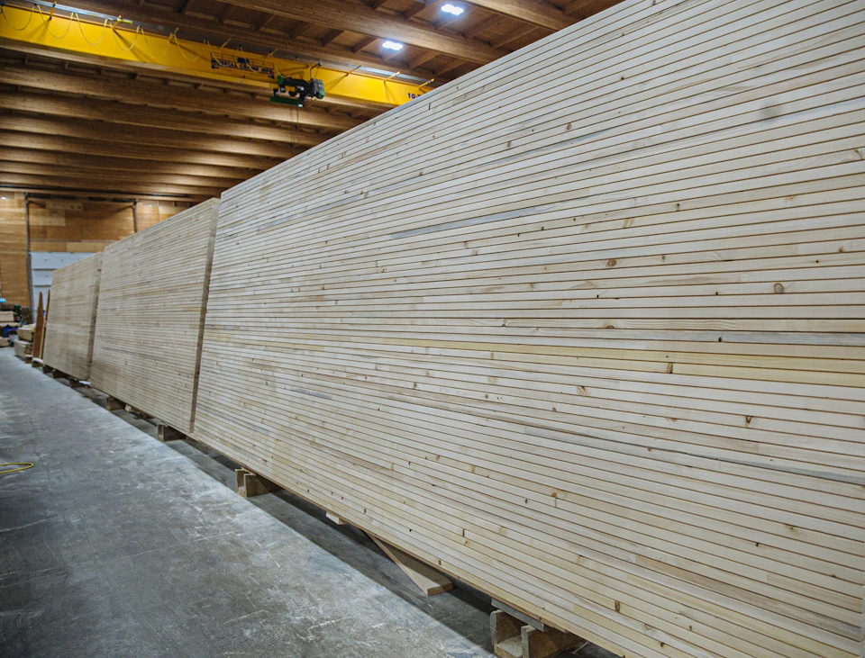 Stacked wood panels for Lakeview Office Building