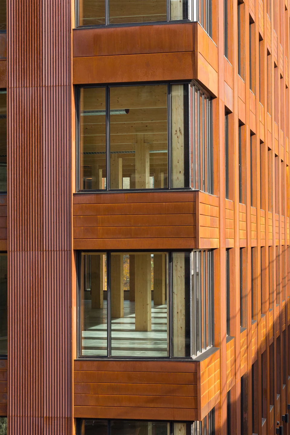 Wood-clad facade and windows at T3 Minneapolis