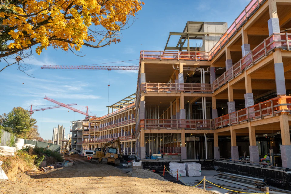 Exterior wood frame under construction at Princeton University Commons