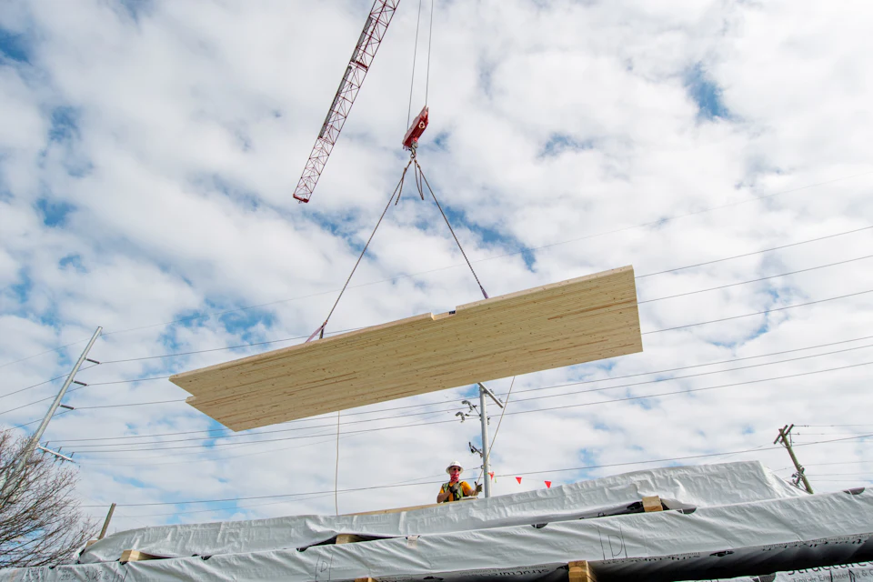 Wood floor panel suspended above Nashville Warehouse Company Office