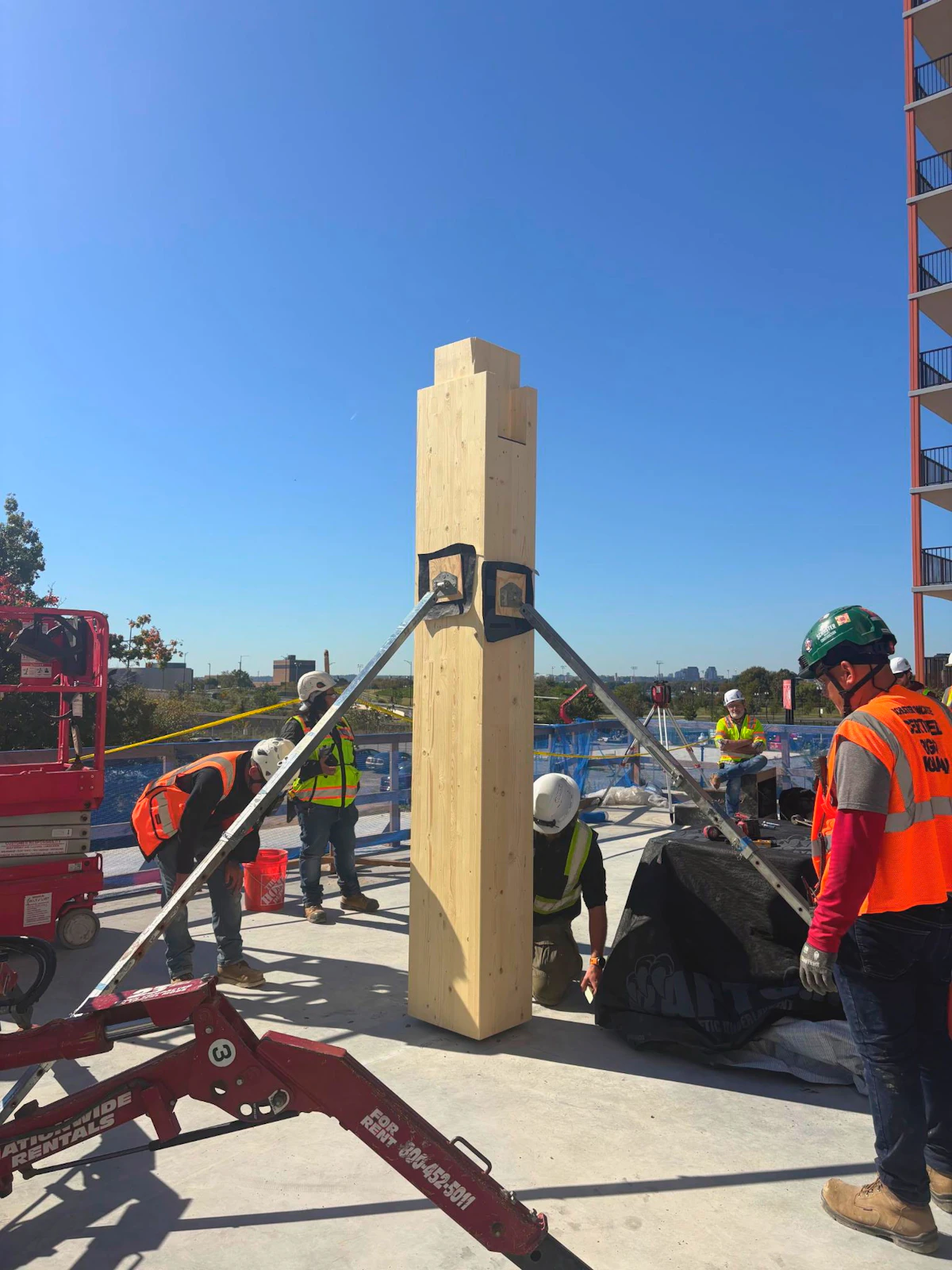 One of the first glulam columns at Parcel 5, from our October 27 construction update.