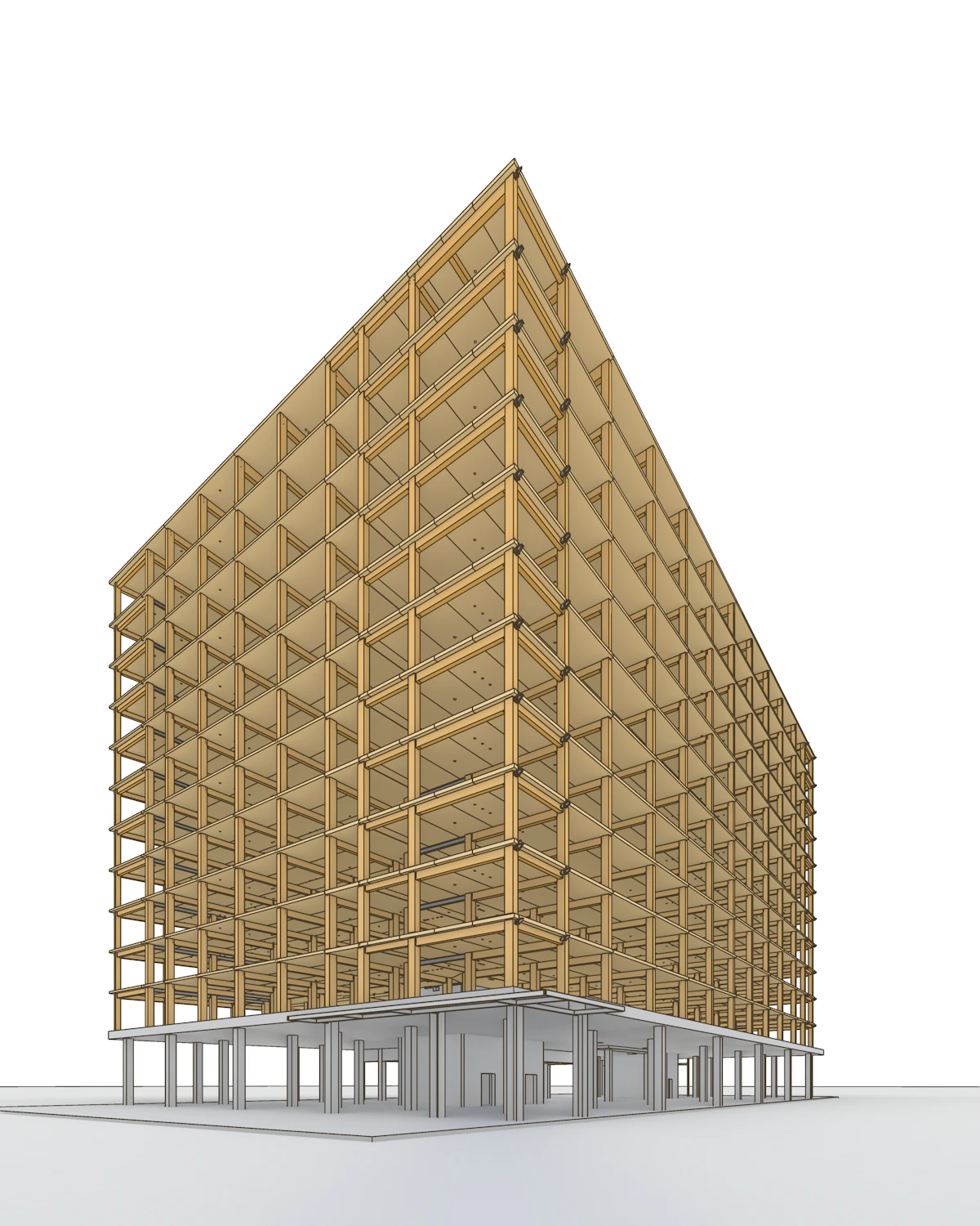 Parcel 5 structural model showing twelve timber storeys above the concrete ground level.
