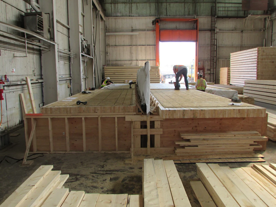 Wood panels in the fabrication shop for T3 Minneapolis