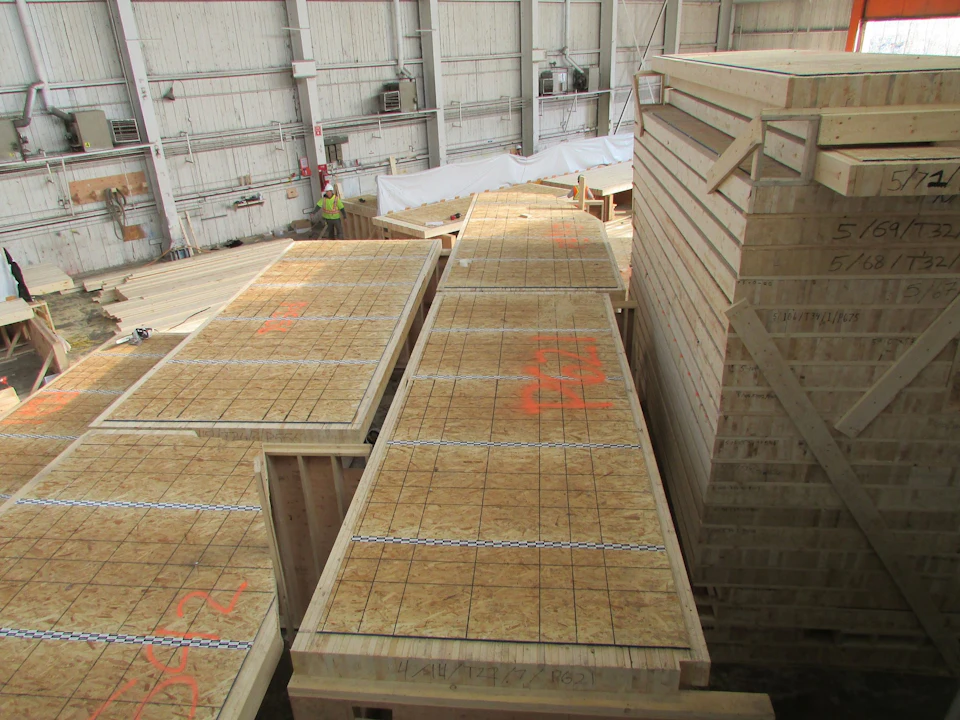Wood panels in the fabrication shop for T3 Minneapolis