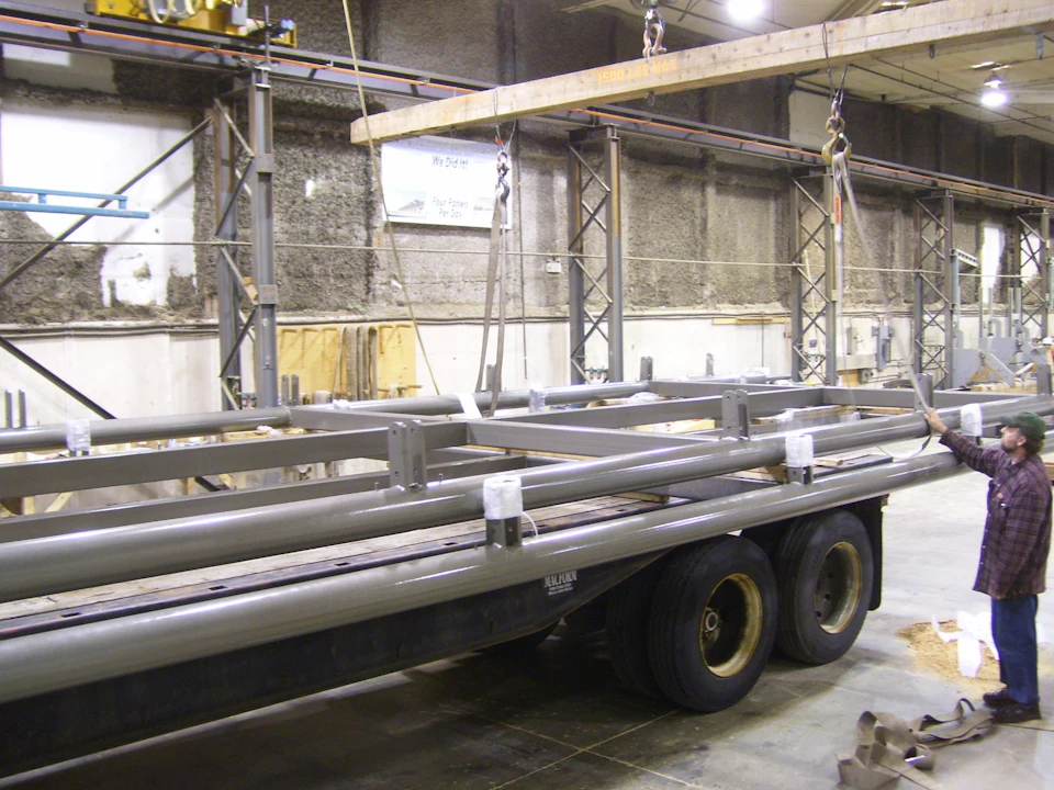 Bridge components loaded on a truck for Princeton Bridge of Dreams