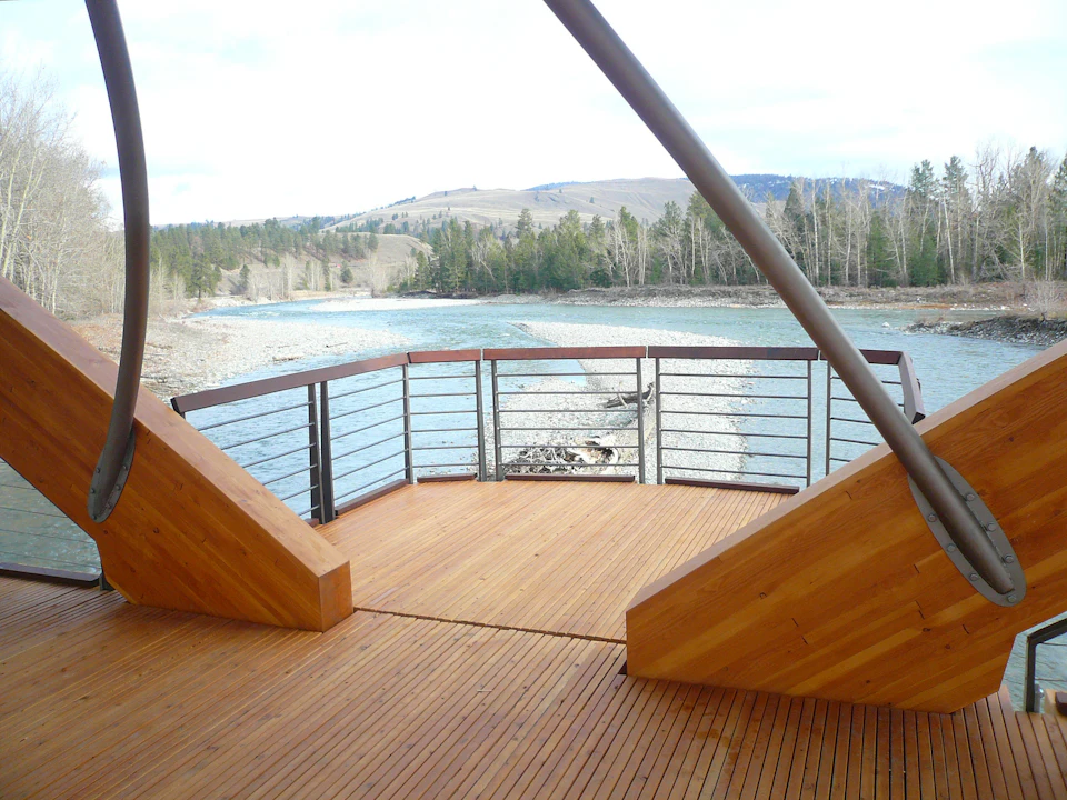 River lookout between the wood arches of Princeton Bridge of Dreams