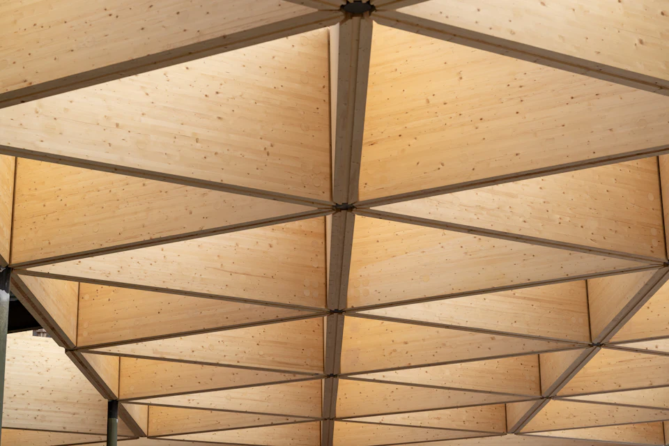 Geometric wood ceiling grid at Princeton University Commons