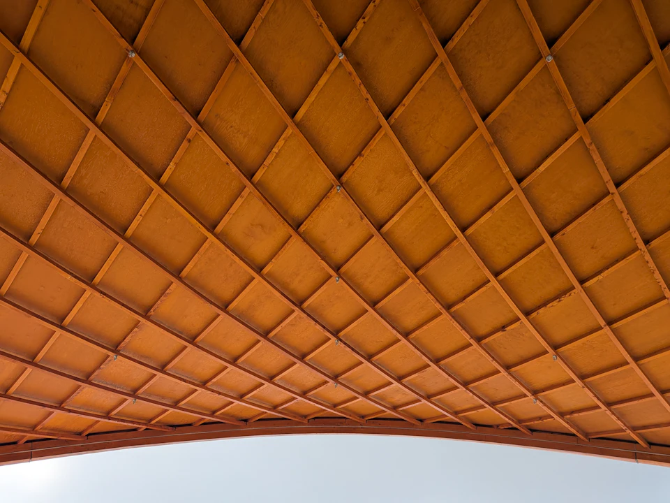 Completed timber grid soffit at Assembly Studios Bandshell