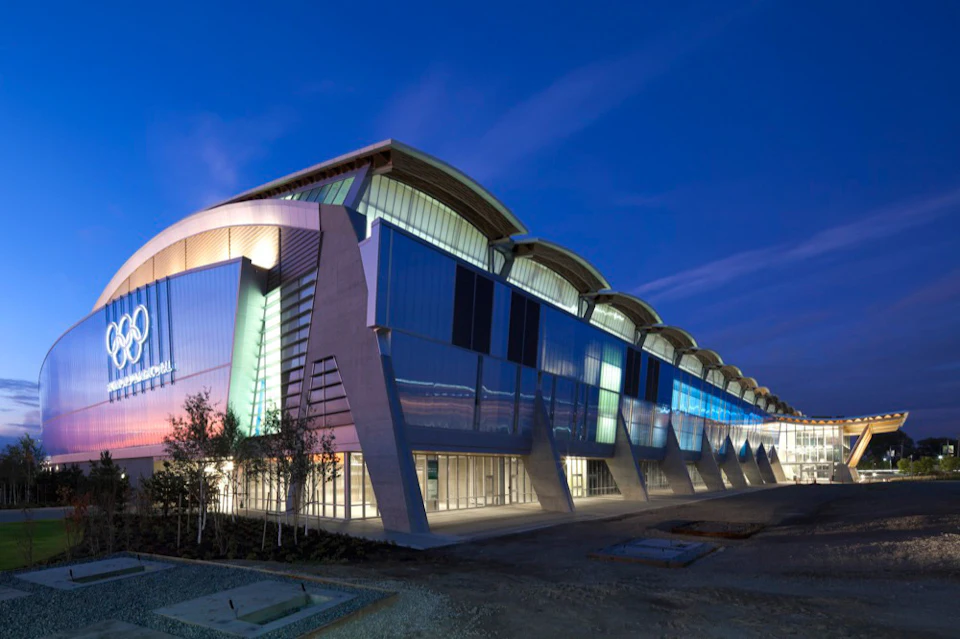 Richmond Olympic Oval exterior illuminated at night