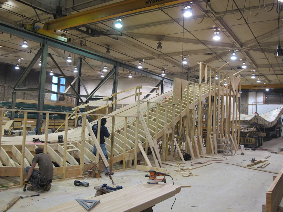 Curved roof formwork in the fabrication shop for VanDusen Botanical Gardens Visitor Centre