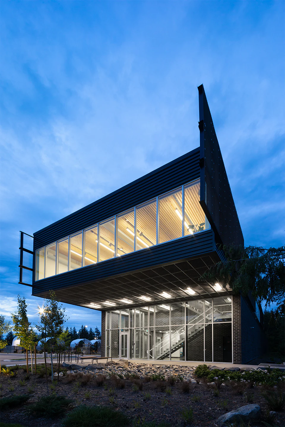 South Surrey Operations Center with its cantilevered upper floor illuminated