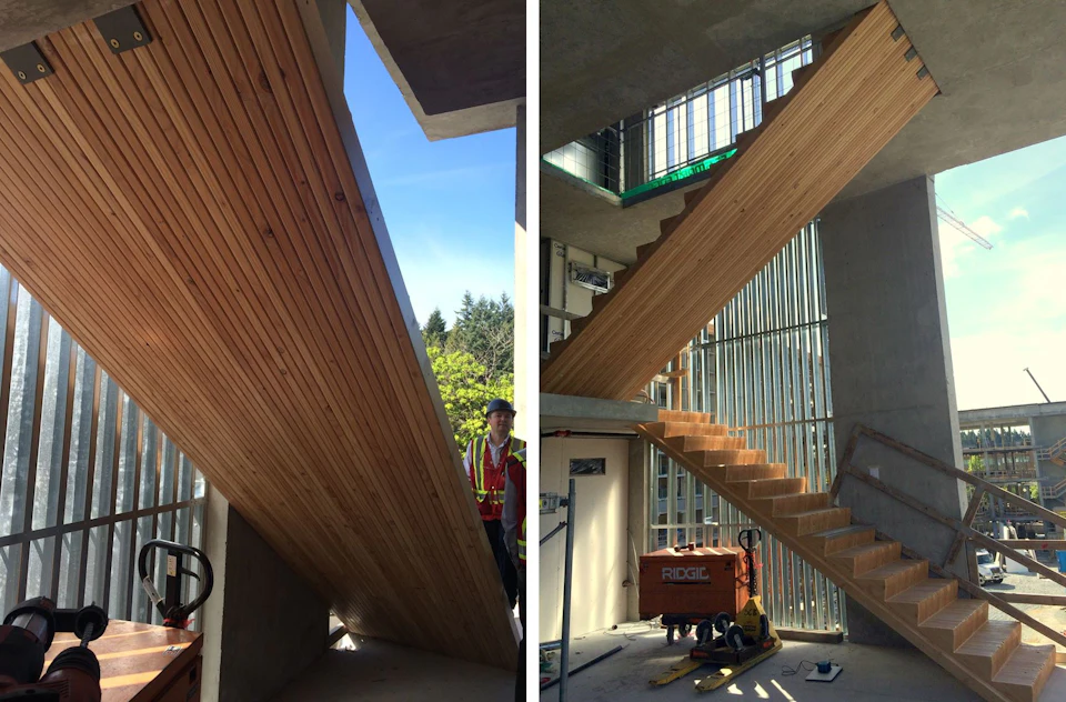 Exterior stair framed with wood at UBC Orchard Commons