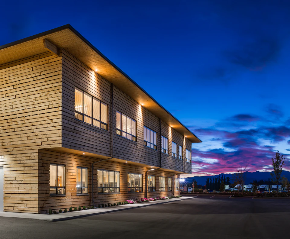 StructureCraft Headquarters office exterior at dusk