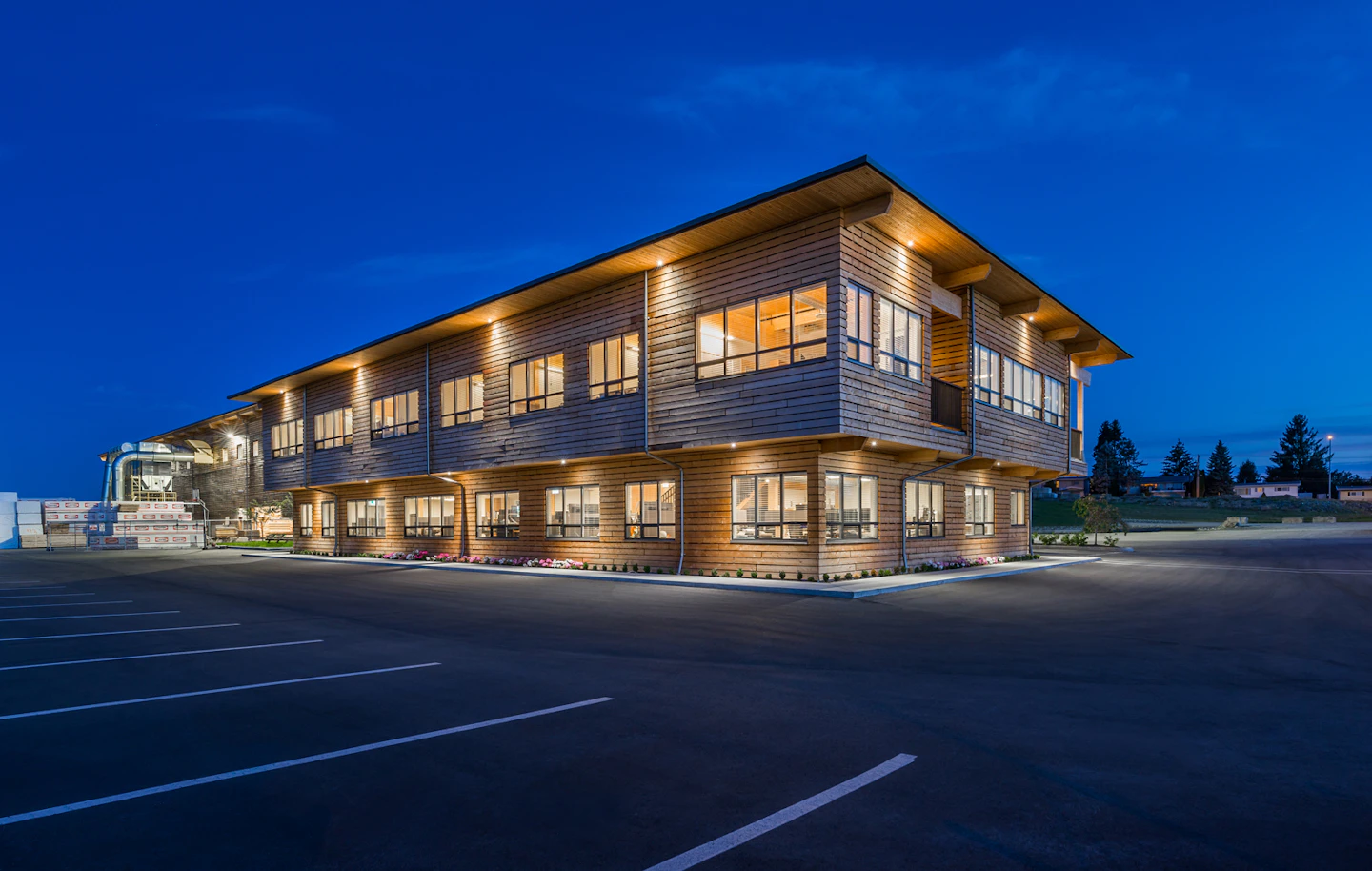 StructureCraft Headquarters illuminated at night