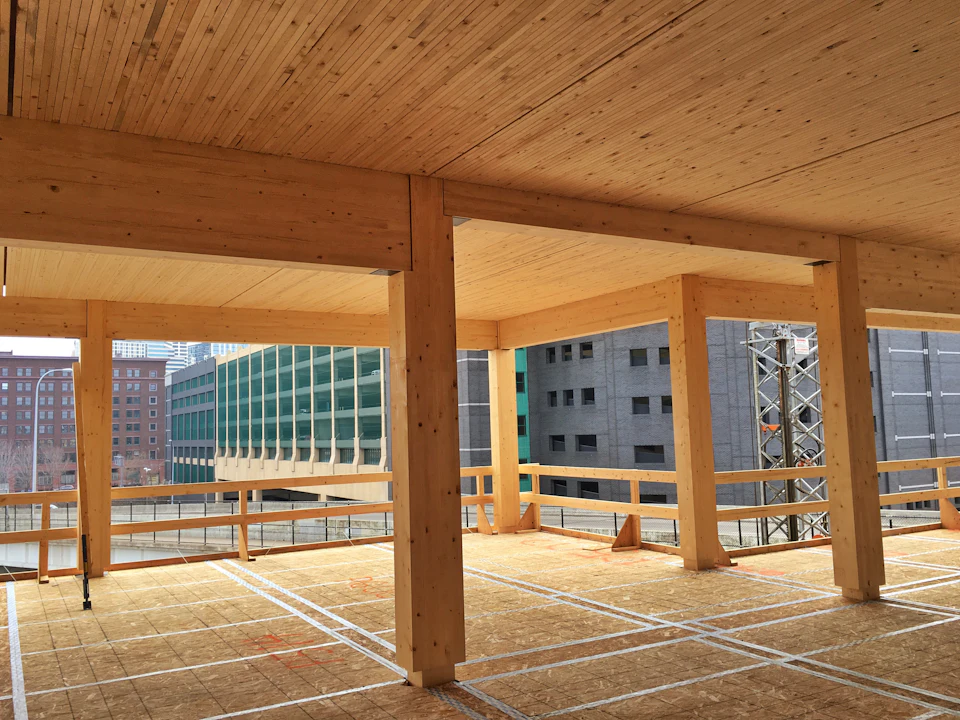 Wood columns and floor panels under construction at T3 Minneapolis