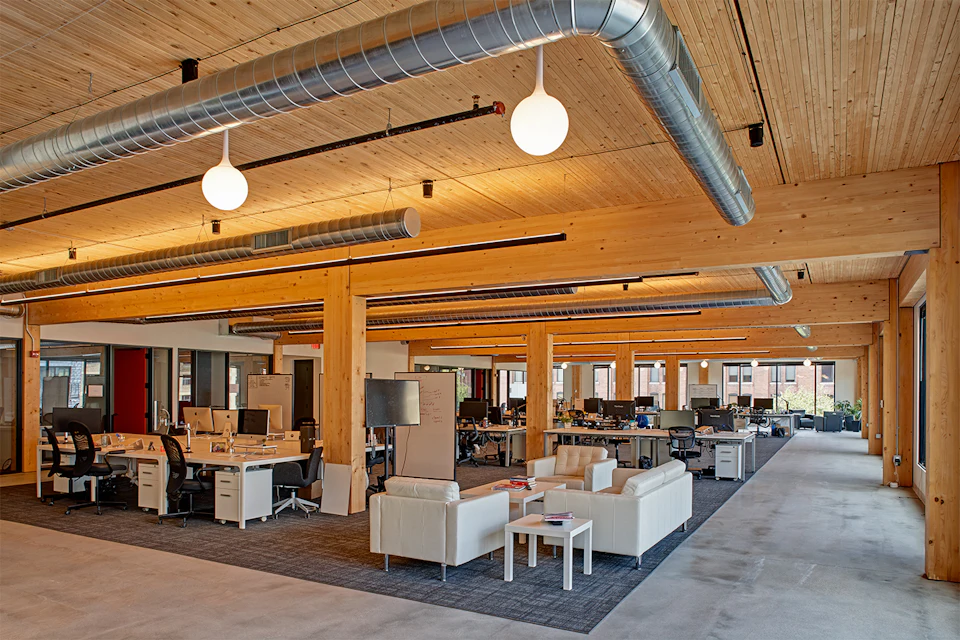 Open workspace framed with wood at T3 Minneapolis