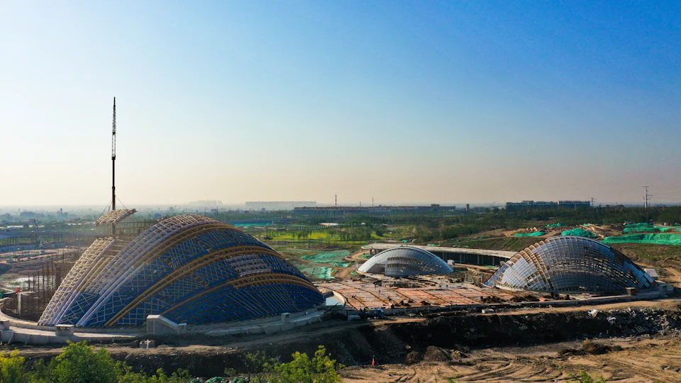 Aerial view of Taiyuan Botanical Garden domes under construction
