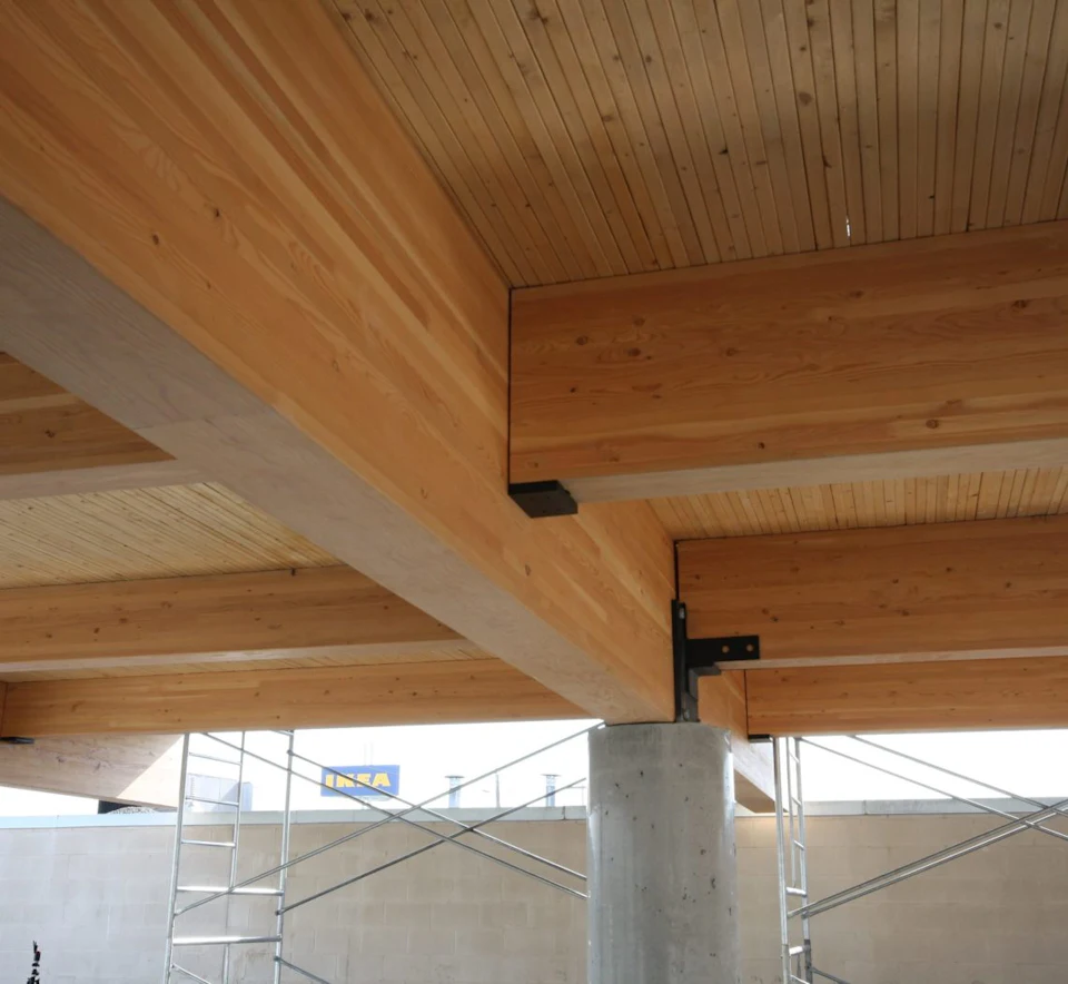 Wood beam-and-panel junction at Trail Appliances Headquarters