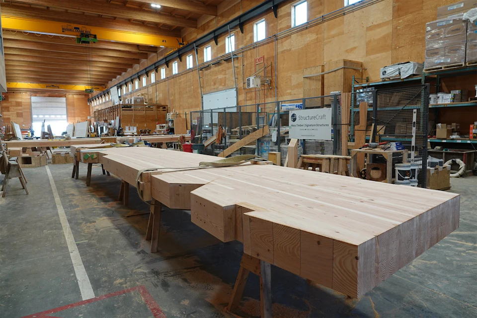 Curved arena beam segments in the fabrication shop