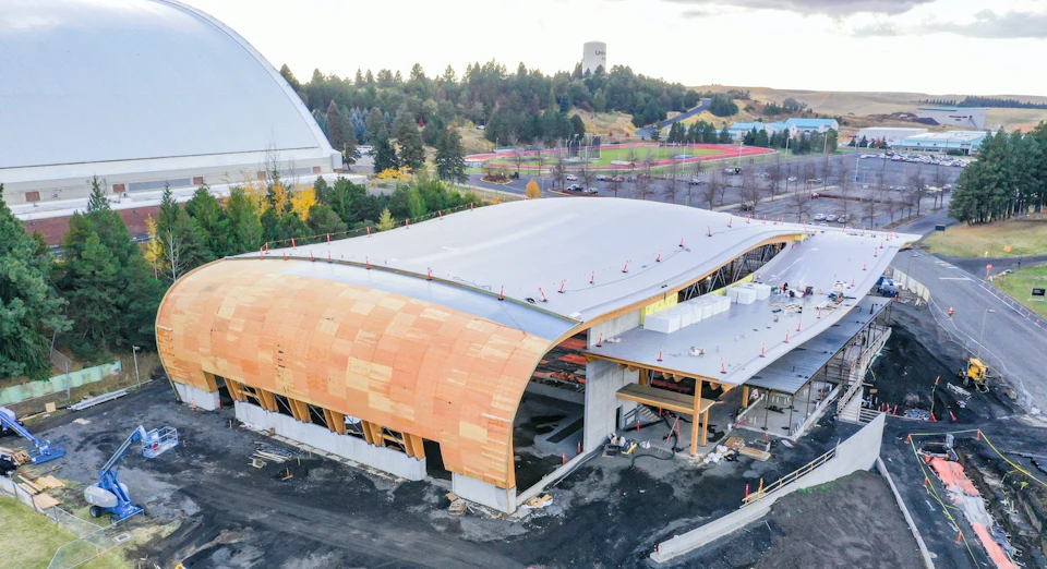 Aerial view of the arena roof during construction