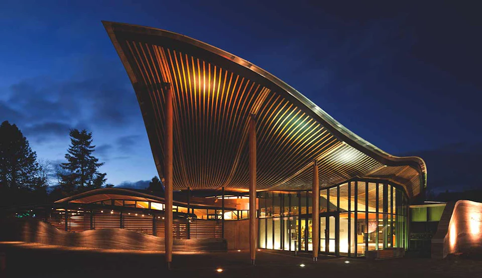 VanDusen Botanical Gardens Visitor Centre illuminated at night