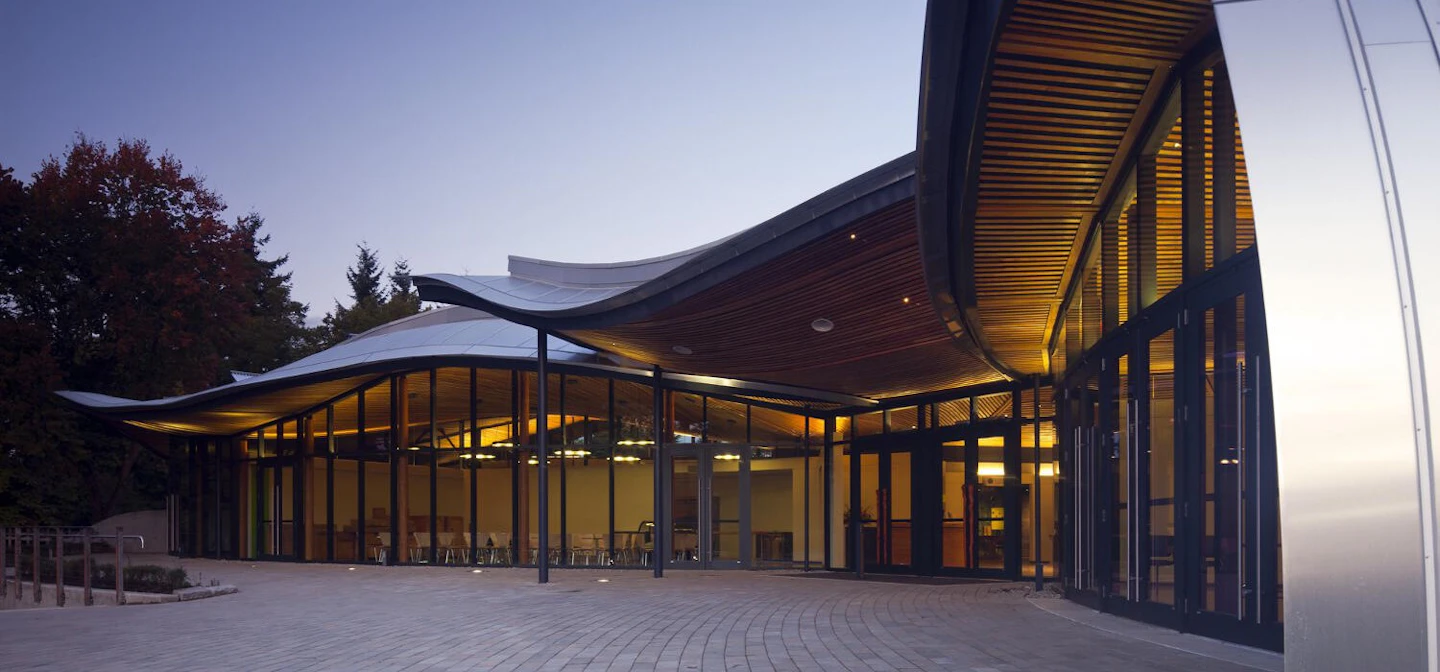 VanDusen Botanical Gardens Visitor Centre entrance at dusk