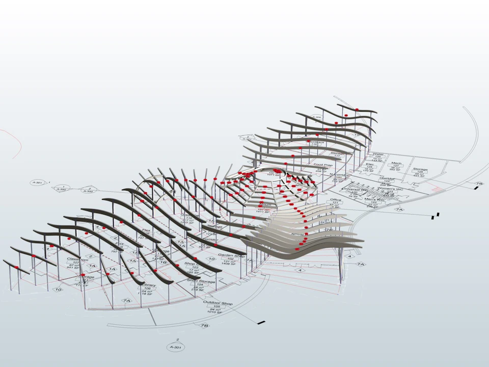 Exploded roof structure drawing for VanDusen Botanical Gardens Visitor Centre